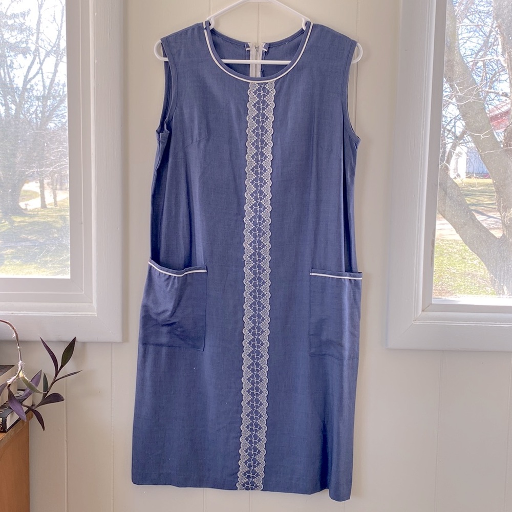 Vintage 60s Chambray Embroidered Shift Dress M